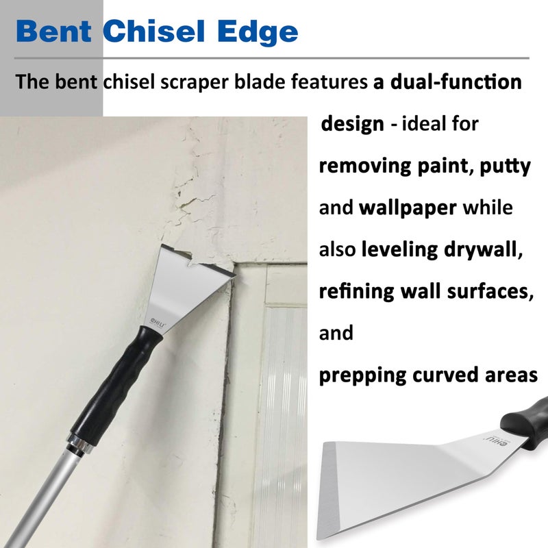 CHILI TOOLS 4 Inch Bent Stainless Steel Chisel Pole Scraper - Heavy Duty Wall Scraper, Paint Wallpaper Putty Adhesive Removal, Popcorn Ceiling Drywall Repair, Fits CHILI Extension Pole, Made In Taiwan - Image 5